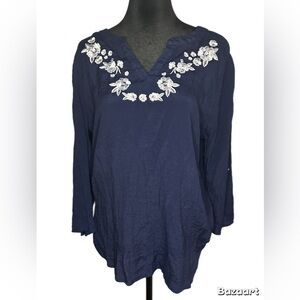 Vintage Rose Navy Blue Embroidered Women's Top